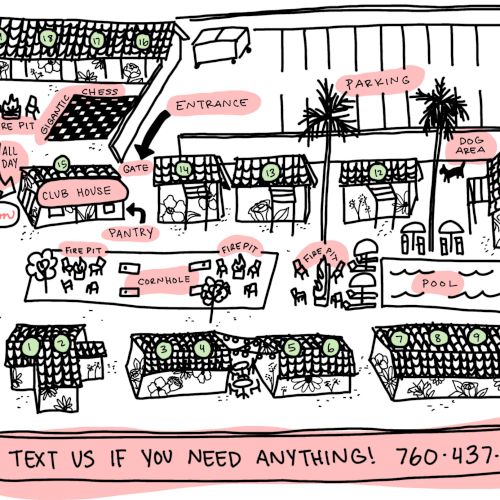 A hand-drawn map of a market with stalls labeled for snacks, drinks, tacos, pizza, etc., offering a contact number for assistance.
