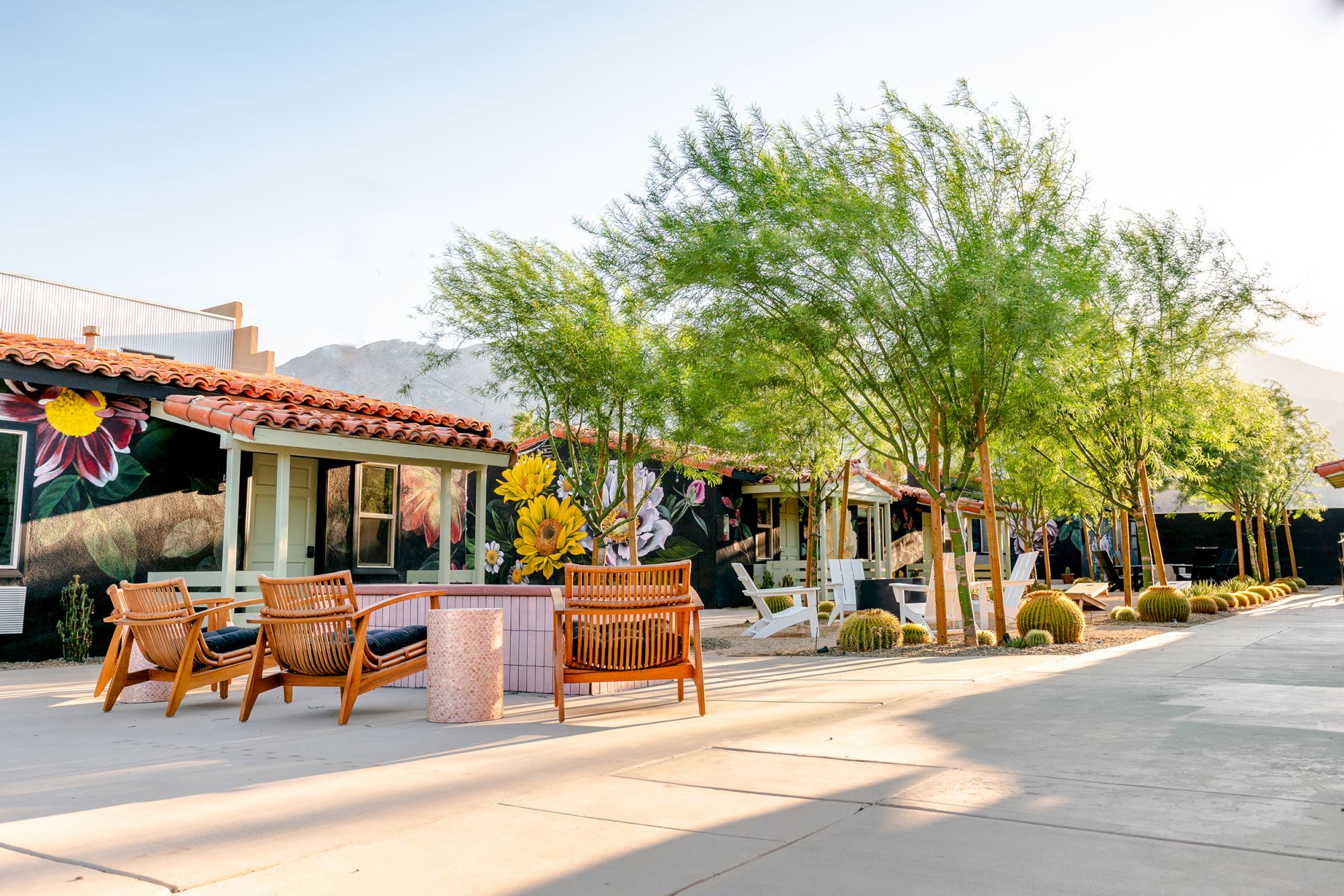 The image shows an outdoor seating area with wooden chairs and tables, surrounded by buildings and trees, under a clear sky.