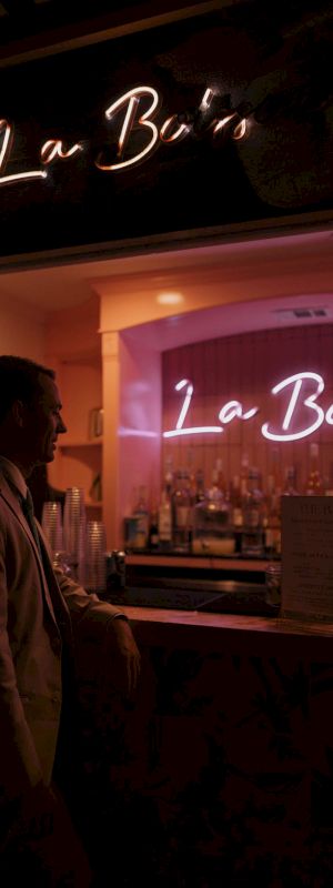 A dimly lit bar scene with a man in a suit, neon "La Boisson" sign, and bartenders in the background.