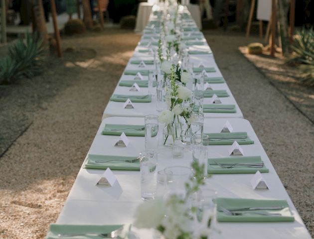 A long, elegantly set outdoor table with green napkins, white flowers, and place cards, under trees.