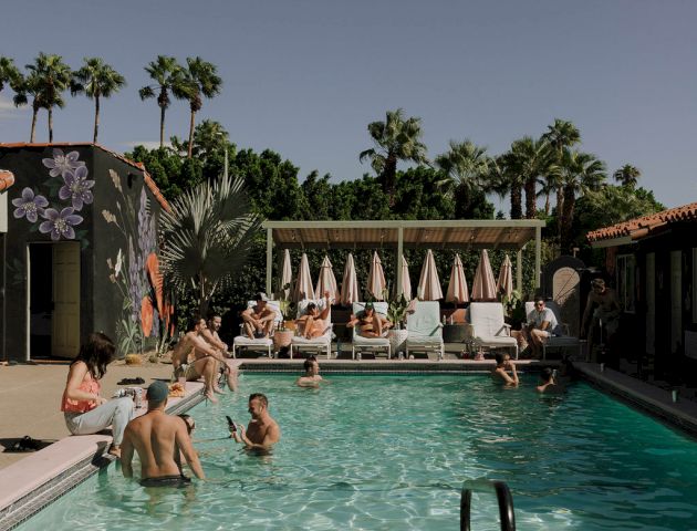 People enjoying a sunny day at a swimming pool surrounded by palm trees, with colorful murals on the walls.