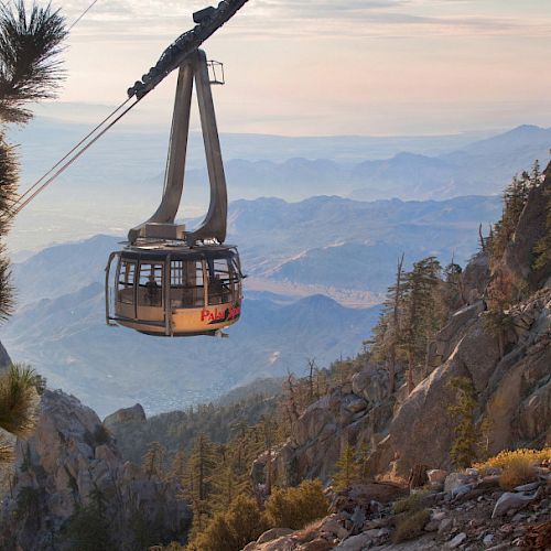 An aerial tramway travels through a mountainous landscape with a vast view of valleys and distant peaks, surrounded by trees and rocks.