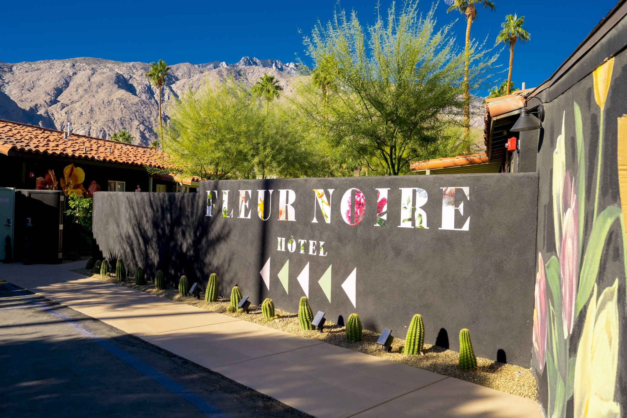 A hotel entrance with a black wall and "FLEUR NOIRE HOTEL" written on it. Cacti and plants are in the foreground with mountains in the background.